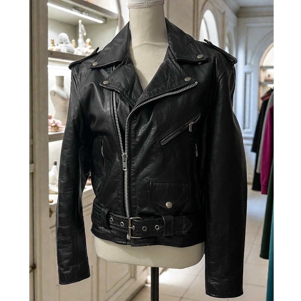 Vintage‎ UNIK International Black Leather Moto Jacket Belted Biker S